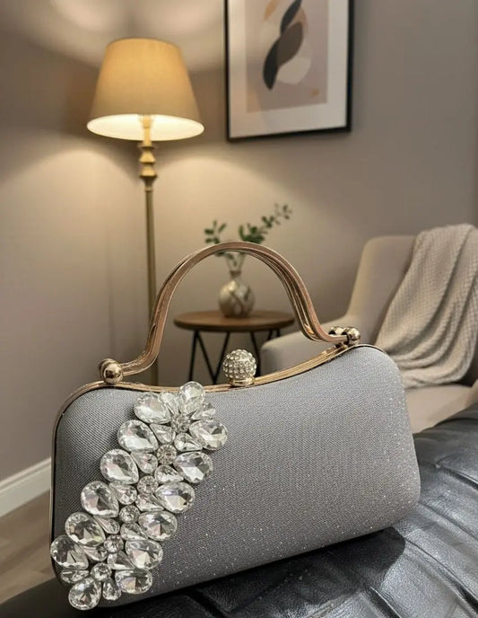 Elegant Grey Crystal Clutch Bag for Women | Luxury Evening Party Handbag Merooz Luxe