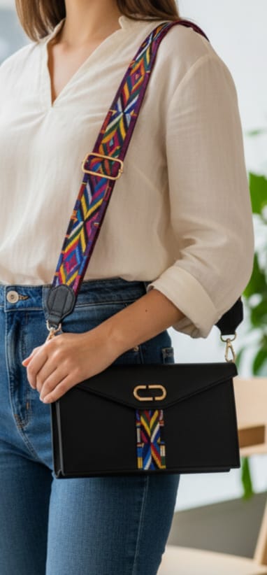 Elegant Black Crossbody Bag with Colorful Strap | Stylish Ladies Handbag
