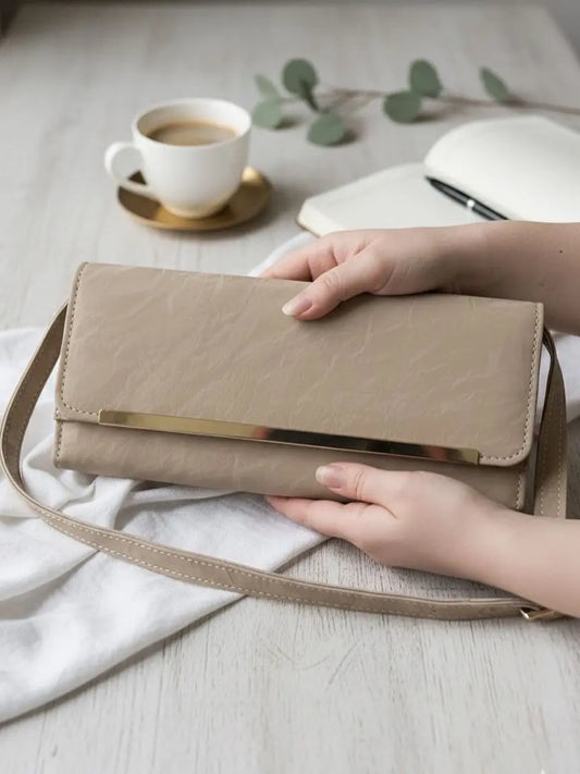 Elegant Beige Clutch with Gold Accent – Minimalist Women’s Crossbody & Evening Bag | Meeroz Luxe Merooz Luxe