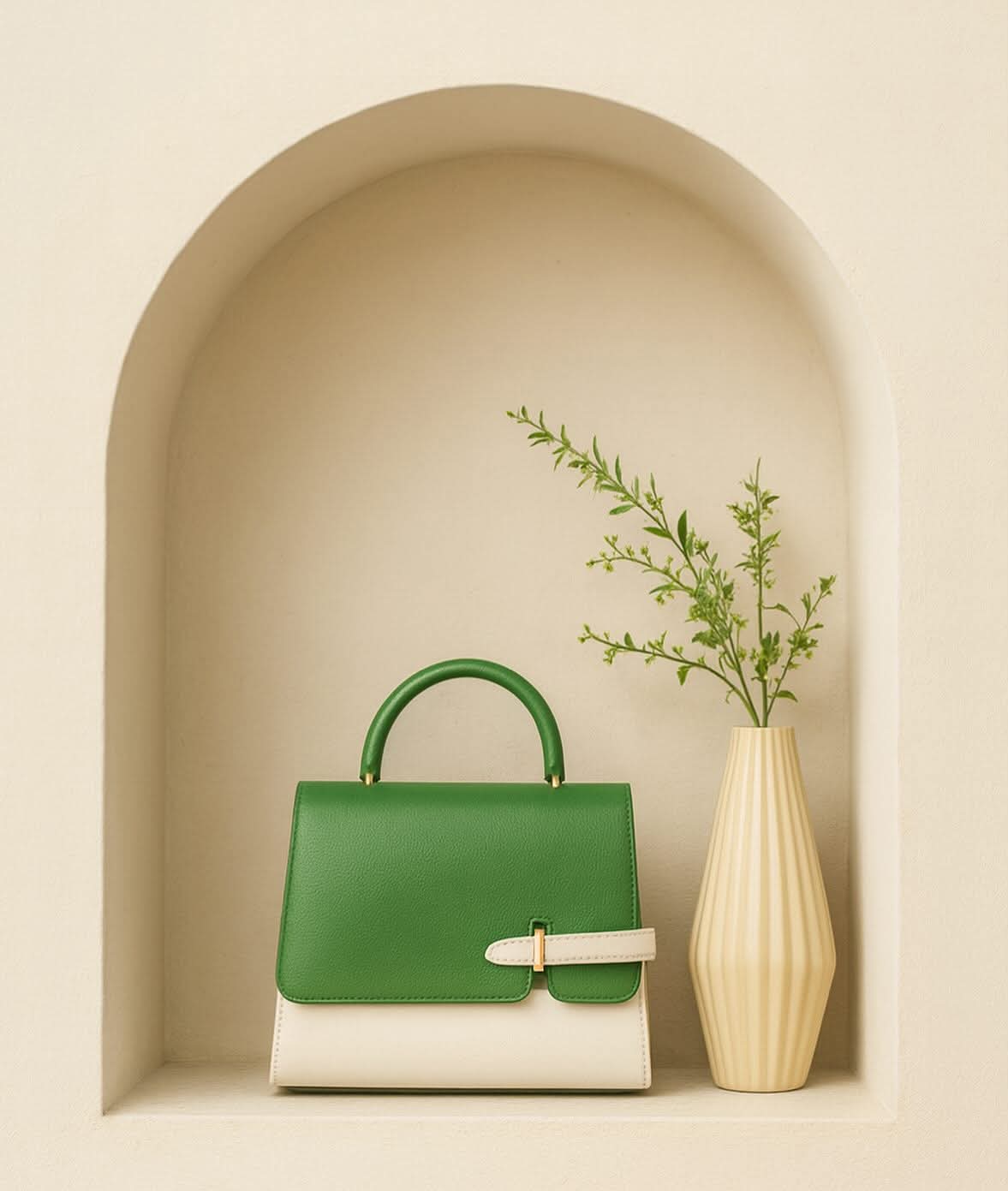 Modern Handbag Styling – Green and Cream Leather Bag