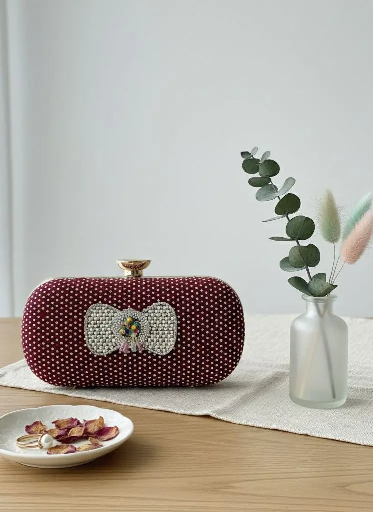 Elegant Maroon Pearl Beaded Clutch | Stylish Evening & Party Handbag for Women Merooz Luxe