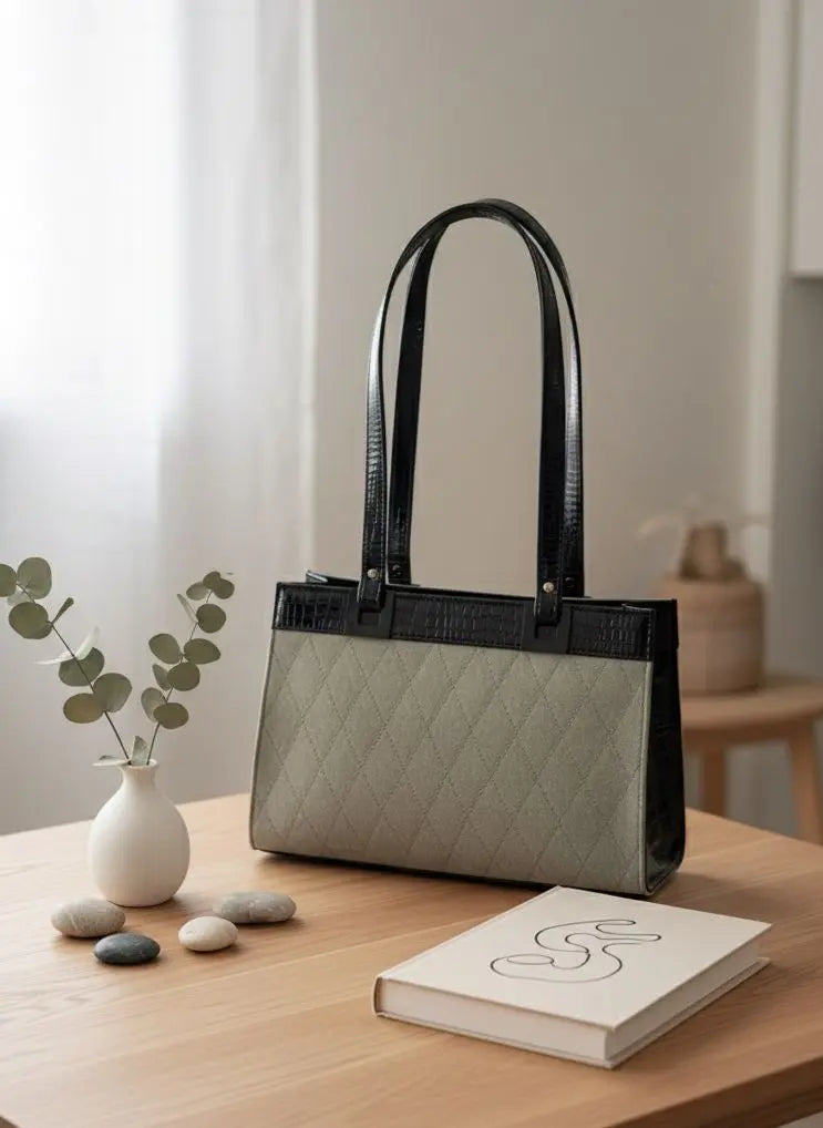 Quilted Leather Shoulder Bag | Elegant Black & Grey Tote for Women Merooz Luxe