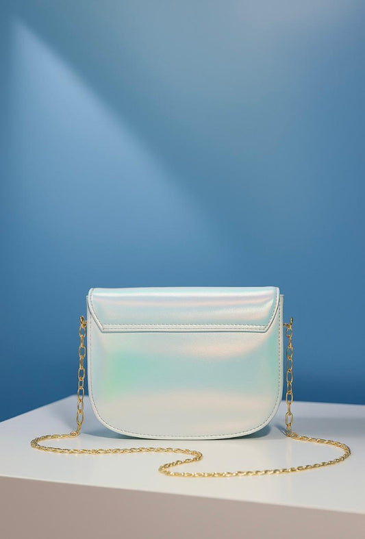 Iridescent Silver Crossbody Bag with Gold Chain – Elegant & Modern Look
