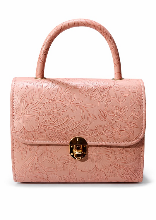 EID SALE OFFER Blush Pink Floral and warm mustard yellow or ochre tone Handbag for Women – Elegant Embossed Top Handle Purse with Gold Lock Free Home Delivery Order now  | MeroozLuxe