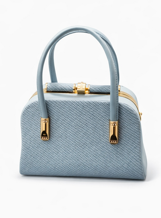 Elegant Light Blue Structured Handbag with Gold Hardware – Luxury Textured Top Handle Bag for Women