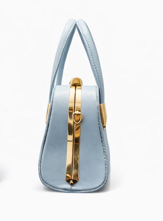 Elegant Light Blue Structured Handbag with Gold Hardware – Luxury Textured Top Handle Bag for Women