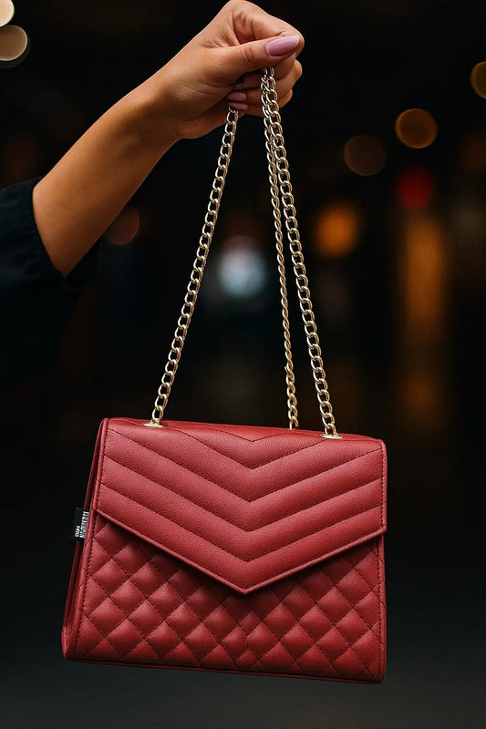 Luxury Quilted Maroon Handbag with Gold Chain Strap Merooz Luxe