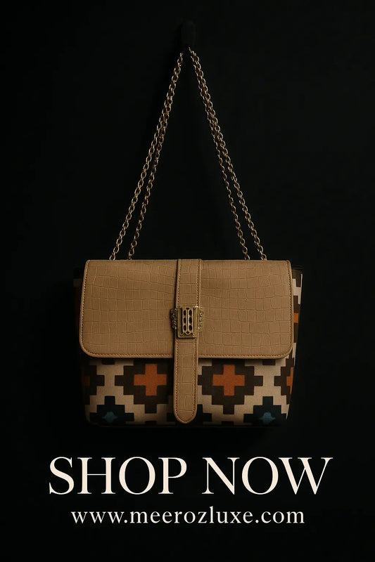 Beige Croc-Textured Chain Shoulder Bag with Geometric Print Merooz Luxe