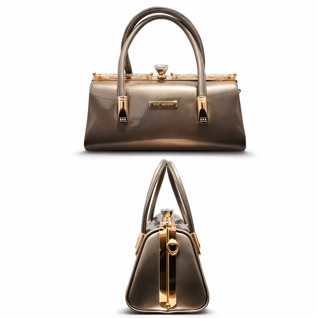 Luxury Taupe Patent Leather Handbag for Women – Glossy Structured Designer Tote with Gold Hardware