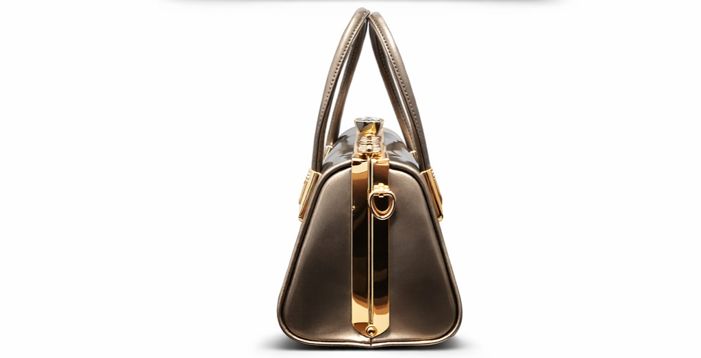 Luxury Taupe Patent Leather Handbag for Women – Glossy Structured Designer Tote with Gold Hardware