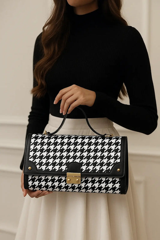 Black & White Houndstooth Top-Handle Shoulder Bag Merooz Luxe