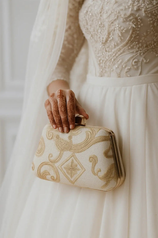 "Ivory Elegance – Embroidered Formal Clutch with Golden Accents" Merooz Luxe