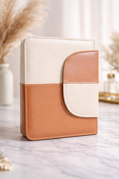 Elegant Two-Tone Color Block Handbag – Chic Tan & Cream Leather Shoulder Bag for Women