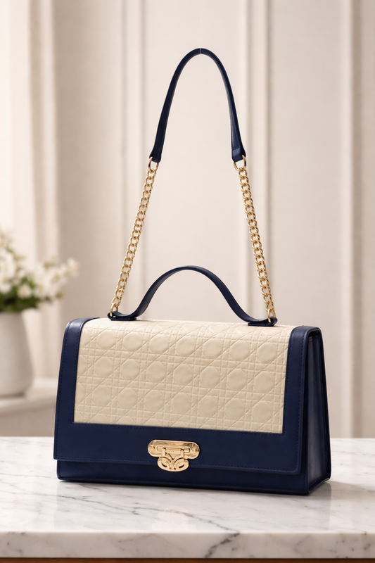 Elegant Navy Blue & Beige Quilted Chain Handbag for Women | Luxury Shoulder Bag