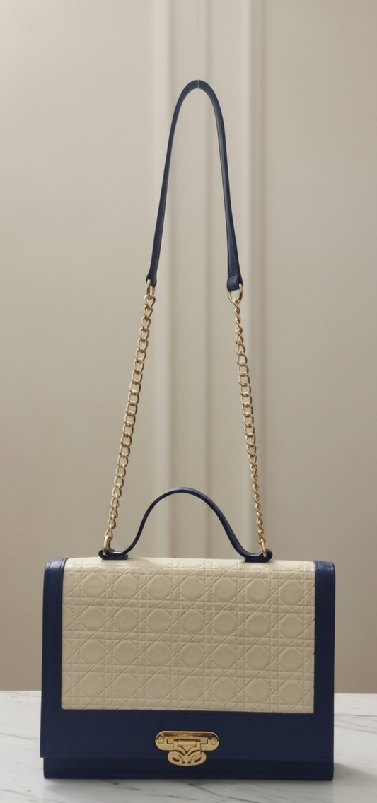 Elegant Navy Blue & Beige Quilted Chain Handbag for Women | Luxury Shoulder Bag