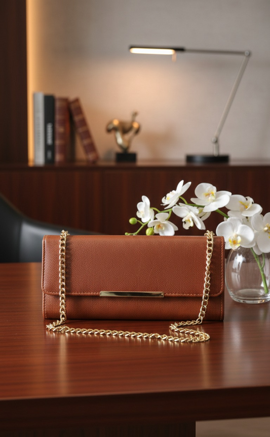 Elegant Brown Chain Clutch Bag for Women | Stylish Evening & Party Purse