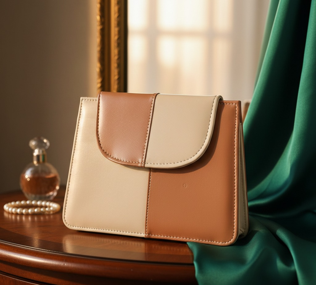 Elegant Two-Tone Color Block Handbag – Chic Tan & Cream Leather Shoulder Bag for Women