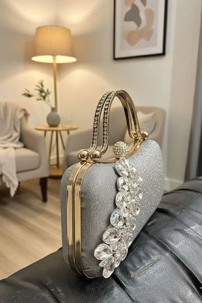 Elegant Grey Crystal Clutch Bag for Women | Luxury Evening Party Handbag Merooz Luxe