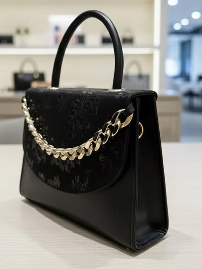 Luxury Black Floral Handbag with Gold Chain – Elegant Women’s Shoulder & Top Handle Bag | Meeroz Luxe Merooz Luxe