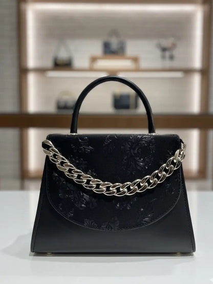Luxury Black Floral Handbag with Gold Chain – Elegant Women’s Shoulder & Top Handle Bag | Meeroz Luxe Merooz Luxe