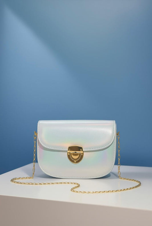 Iridescent Silver Crossbody Bag with Gold Chain – Elegant & Modern Look