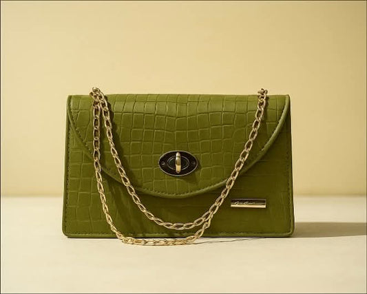 Olive Green Croc-Texture Shoulder Bag with Gold Chain – Stylish & Timeless Design