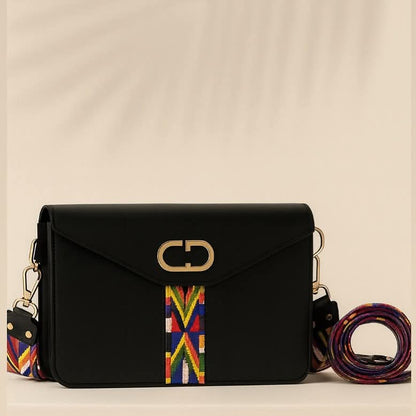 Elegant Black Crossbody Bag with Colorful Strap | Stylish Ladies Handbag
