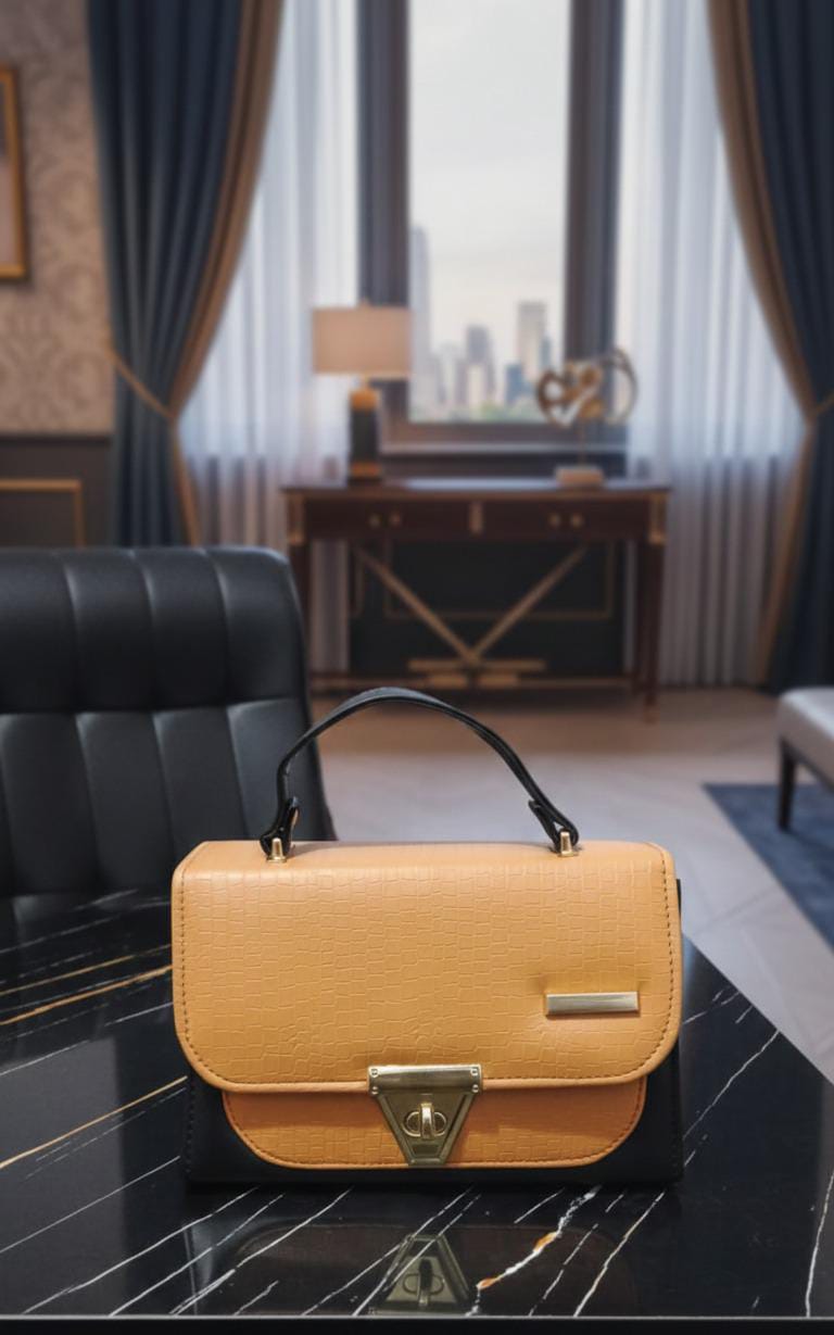 Elegant Mustard & Black Croc-Effect Handbag | Luxury Office Collection