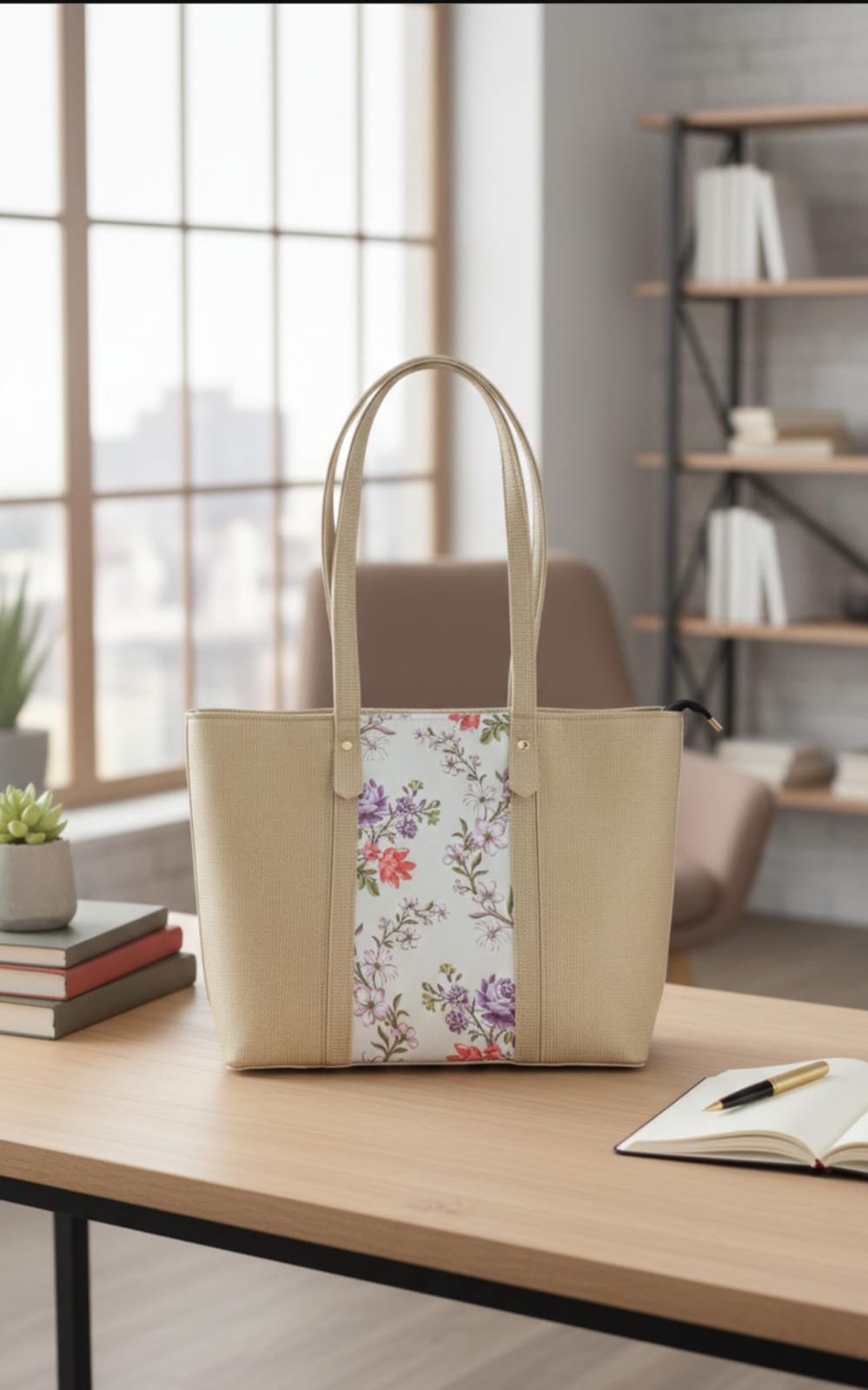 Elegant Floral Canvas Laptop Tote Bag - Neutral Beige Professional Work Bag for Women