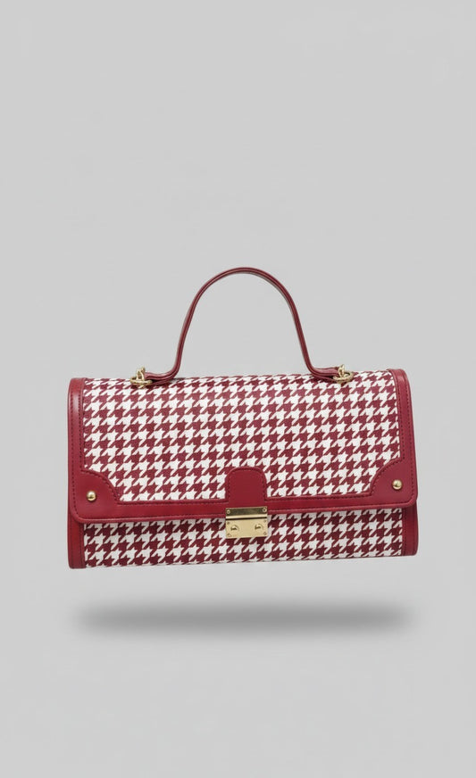 Red and White Houndstooth Premium Handbag - Luxury Leather Trim Top-Handle Bag