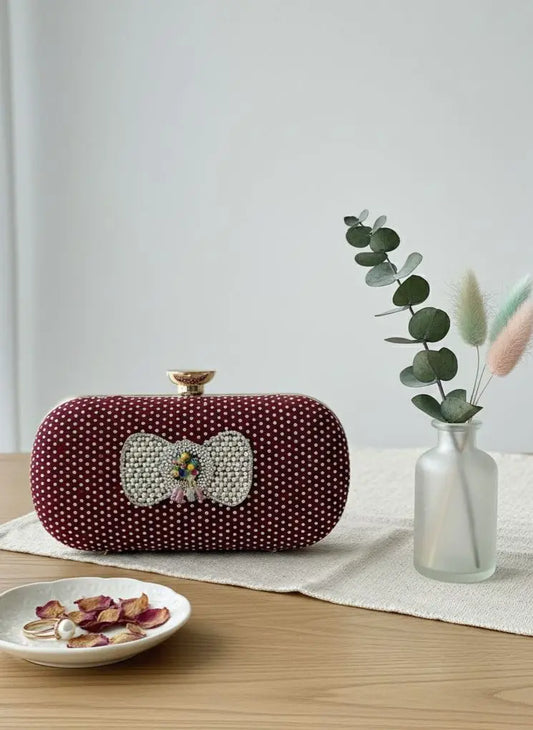 Elegant Maroon Pearl Beaded Clutch | Stylish Evening & Party Handbag for Women Merooz Luxe