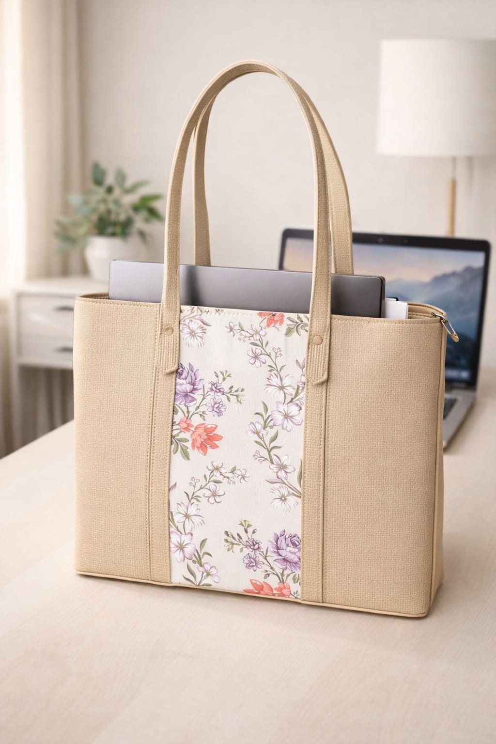 Elegant Floral Canvas Laptop Tote Bag - Neutral Beige Professional Work Bag for Women